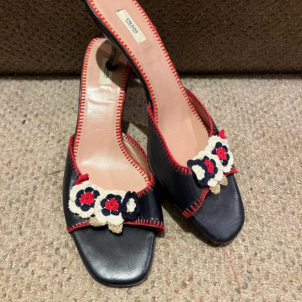Prada Black and Red Floral Mules